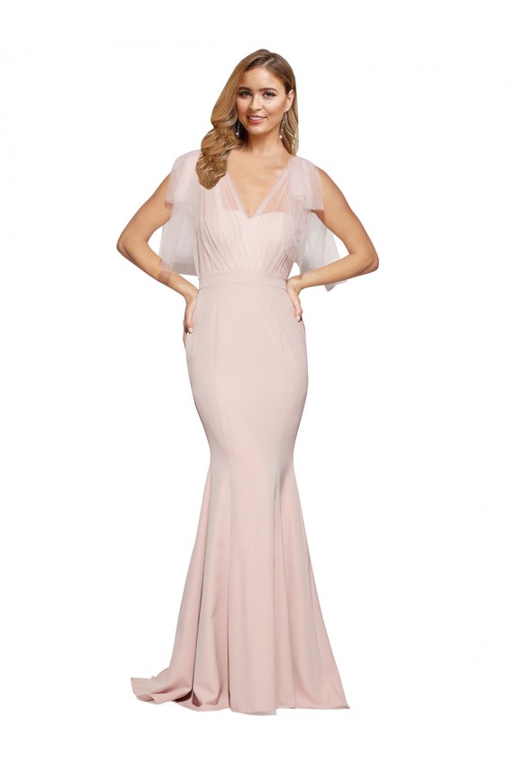 Double Bow Full Length Sweetheart Crepe Prom Dress with Tulle Overlay