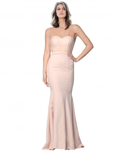 Inexpensive Full Length Sweetheart Crepe Prom Dress with Tulle Overlay