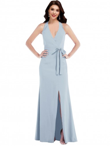 Inexpensive Open Back Halter Maxi Crepe Prom Dress with Draped Bow
