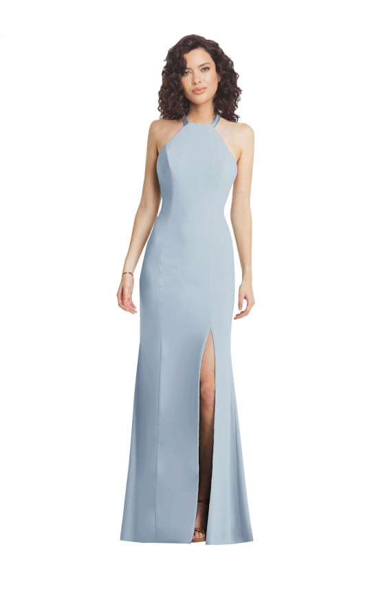 High Neck Halter Crepe Prom Dress with Twist Criss Cross Back