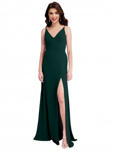 Inexpensive Slim A-Line V-Neck Full Length Crepe Prom Dress with Side Slit