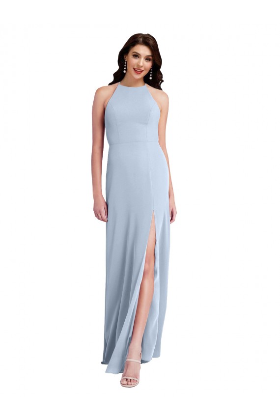 Fit and Flare High Neck Crepe Prom Dress with Side Slit