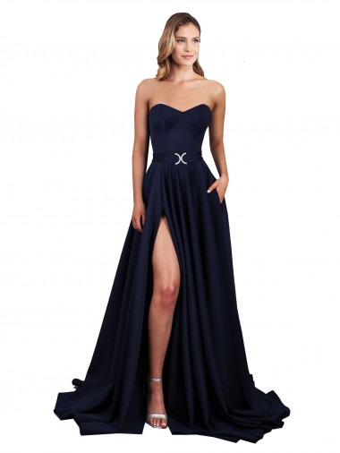 Inexpensive Sweetheart Neckline Low Back Long Crepe Prom Dress with High Leg Spit & Pockets
