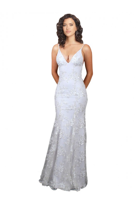 V-Neckline Backless Floral Patterned Sequin Formal Prom Dress