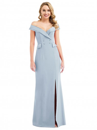 Inexpensive Off the Shoulder Tuxedo Maxi Prom Dress with Front Slit