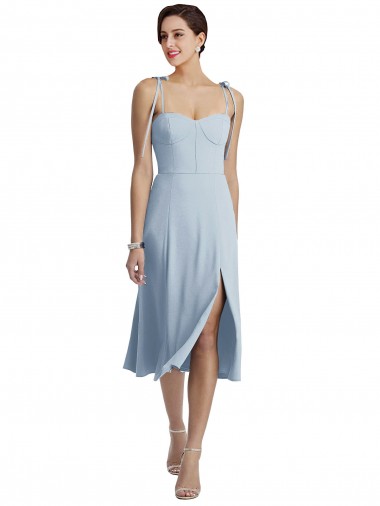 Inexpensive Midi Cocktail Length Bustier Crepe Prom Dress with Back Bow Straps