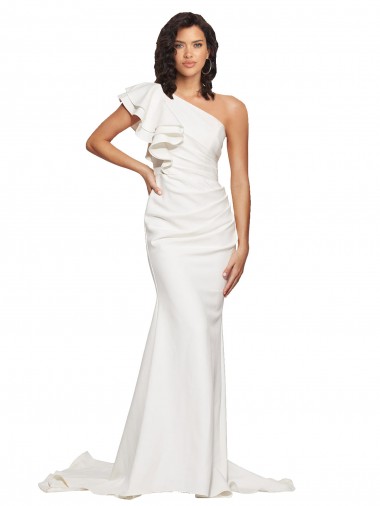 Inexpensive Ruched Long Sweep Train Crepe Prom Dress with Shoulder Ruffles