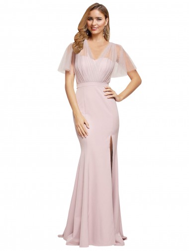 Inexpensive Crepe Long Sweetheart Neckline Prom Dress with Tulle Overlay Shoulders