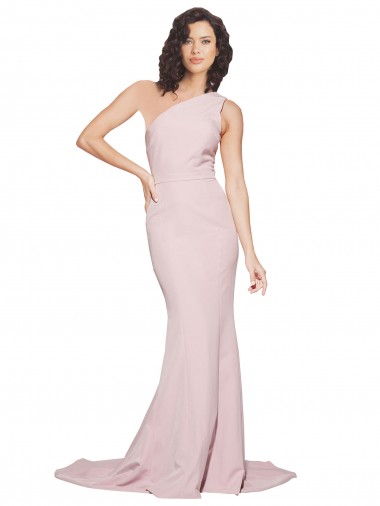 Inexpensive Long Sweep Train One Shoulder Crepe Prom Dress with Side Leg Split