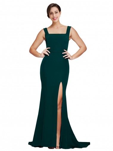 Inexpensive Fitted Square Neck Long Crepe Prom Dress with Train and Side Split