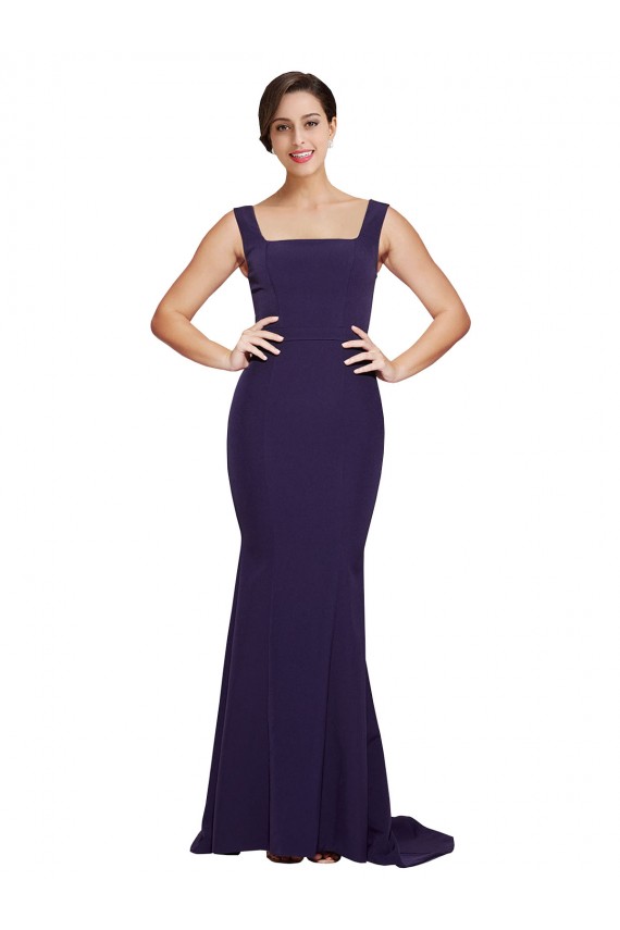 Square Neck Long Sweep Train Crepe Prom Dress with Thick Straps