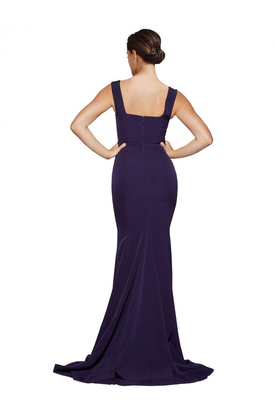 Square Neck Long Sweep Train Crepe Prom Dress with Thick Straps