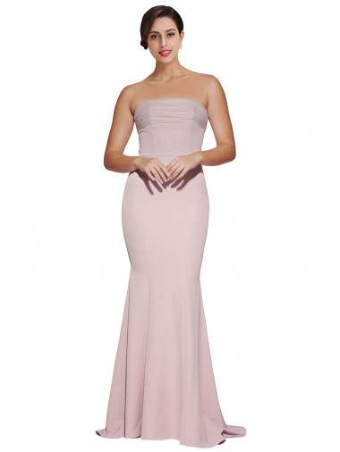 Inexpensive Straight Neck Long Strapless Crepe Prom Dress with Soft Tulle Overlay and Small Train
