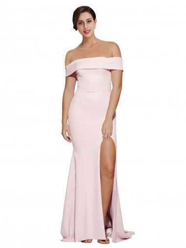 Inexpensive Off Shoulder Long Crepe Prom Dress with Straight Neckline and Side Split