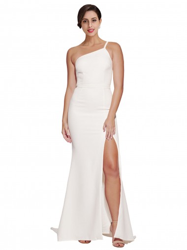 Inexpensive Long Sweep Train Crepe Prom Dress with Side Split and One Strap