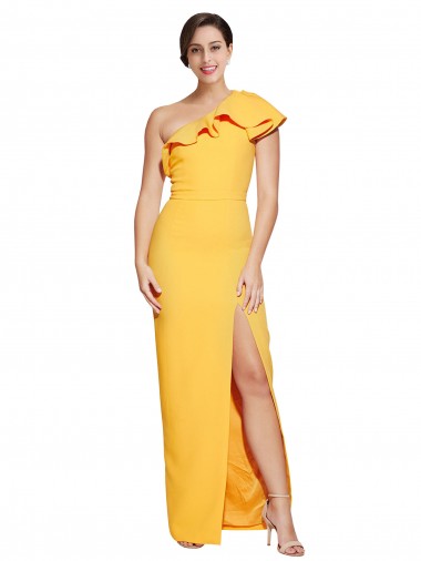 Inexpensive One Shoulder Floor Length Crepe Prom Dress with Thigh High Split