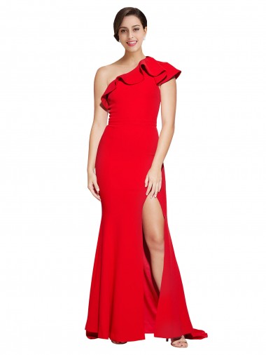 Inexpensive One Shoulder Long Sweep Train Crepe Prom Dress with Thigh High Split