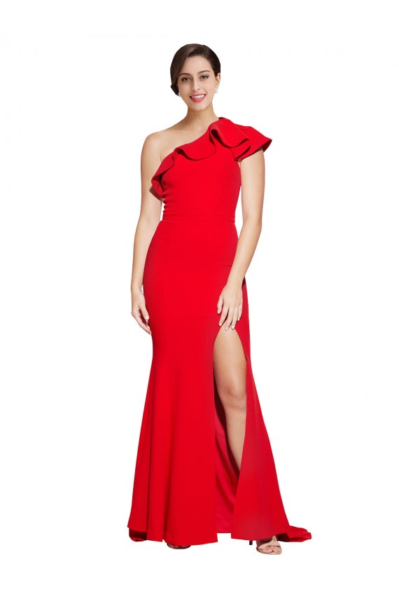 One Shoulder Long Sweep Train Crepe Prom Dress with Thigh High Split