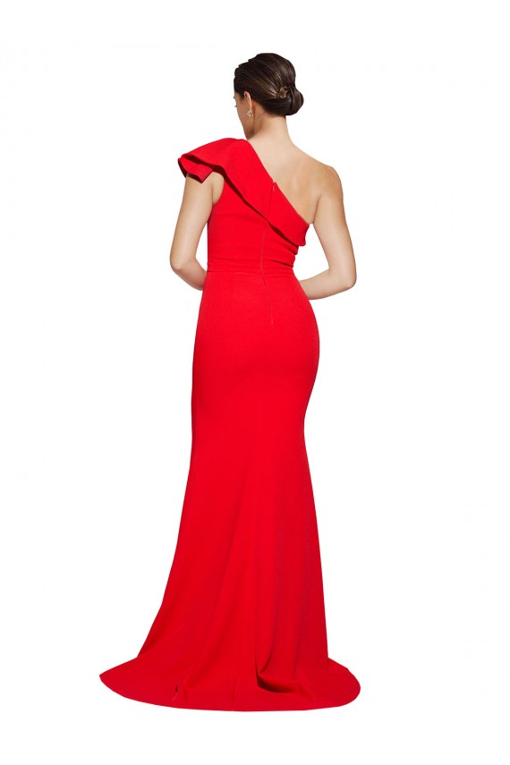 One Shoulder Long Sweep Train Crepe Prom Dress with Thigh High Split
