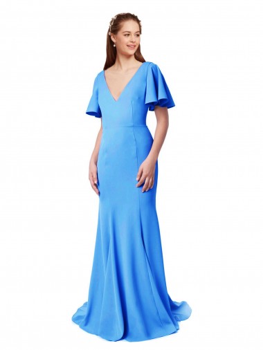 Inexpensive Short Sleeves Long V-Neck Crepe Prom Dress with V-Back