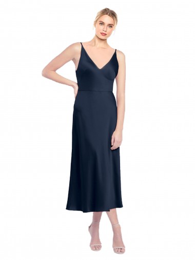 Inexpensive V-Neck Midi Length Short Stretch Satin Cocktail Prom Dress / Homecoming Dress V-Back