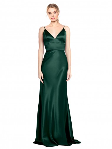 Inexpensive High V-Neck Long Full Length Sheath Stretch Satin Prom Dress
