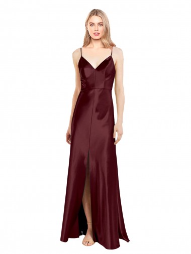 Inexpensive Sleek Spaghetti Straps V-Neck Stretch Satin Prom Dress with Center Front Slit