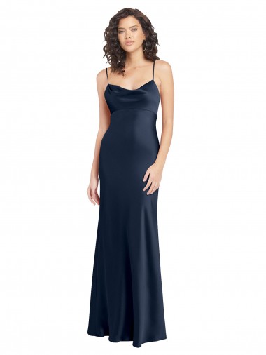 Inexpensive Cowl Neck Long Empire Waist Stretch Satin Prom Dress with Open Back