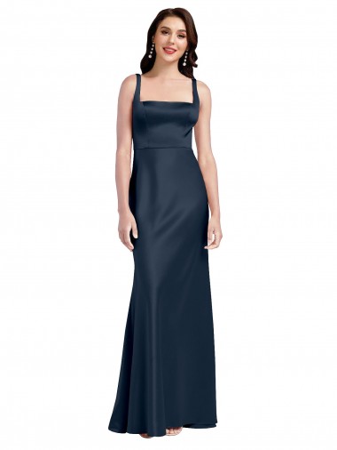 Inexpensive Square Neck A-Line Long Stretch Satin Prom Dress with Wide Straps