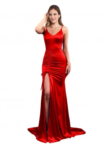 Inexpensive Long Pleated Stretch Satin Prom Dress with High Slit