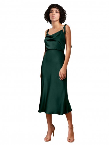 Inexpensive Spaghetti Straps Tie Shoulders Cowl Neck Short Midi Length Stretch Satin Cocktail Prom Dress / Homecoming Dress