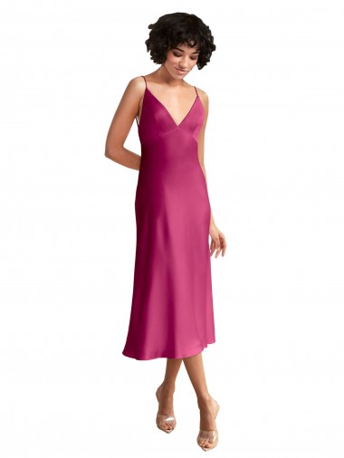 Inexpensive Midi Length V-Neck Short Stretch Satin Cocktail Prom Dress / Homecoming Dress with Low Scoop Back