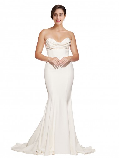 Inexpensive Strapless Cowl Neck Sweep Train Stretch Satin Prom Dress