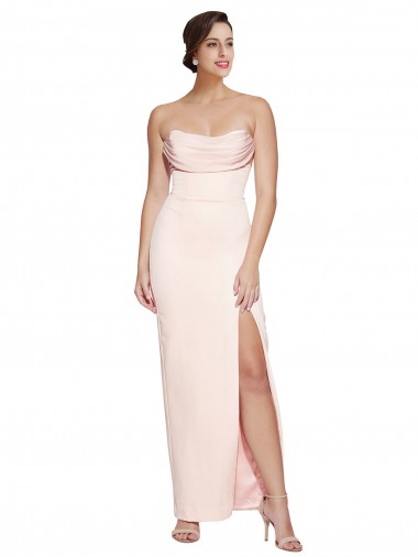 Inexpensive Cowl Neck Strapless Stretch Satin Prom Dress with High Split