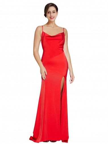 Inexpensive Low Back Cowl Neck Stretch Satin Prom Dress with High Side Slit