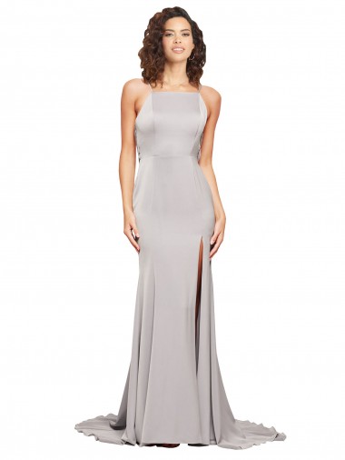 Inexpensive High Neck Low Back Long Full Length Stretch Satin Prom Dress