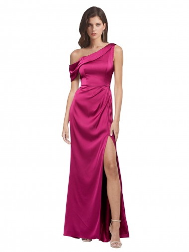 Inexpensive Off the Shoulder Short Sleeves Stretch Satin Prom Dress with Side Slit