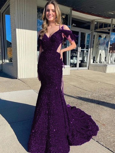 Inexpensive Cold Shoulder Sleeveless Long Court Train Velvet Sequin Prom Dress