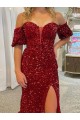 Off the Shoulder Short Sleeves Long Floor Length Velvet Sequin Prom Dress with High Slit