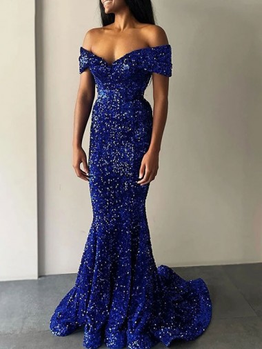 Inexpensive Mermaid Off the Shoulder Sleeveless Long Sweep Train Velvet Sequin Prom Dress