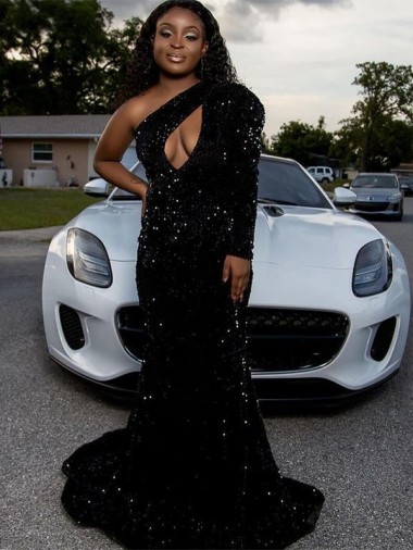 Inexpensive One Shoulder Long Sleeves Long Sweep Train Velvet Sequin Prom Dress