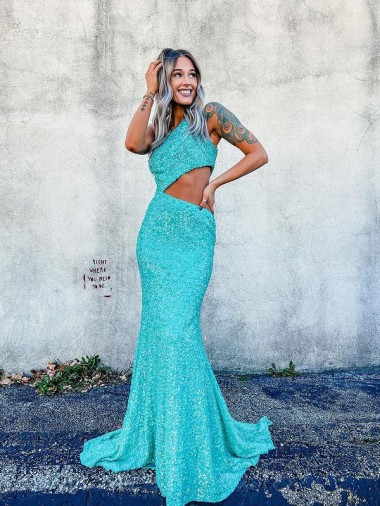 Inexpensive Mermaid One Shoulder Sleeveless Long Sweep Train Velvet Sequin Prom Dress