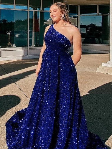 Inexpensive A-Line One Shoulder Sleeveless Long Sweep Train Velvet Sequin Prom Dress with Pockets