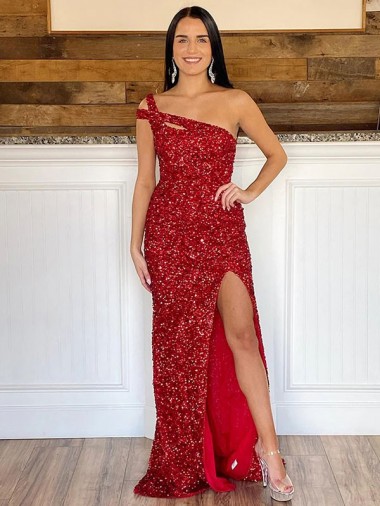 Inexpensive One Shoulder Sleeveless Long Sweep Train Velvet Sequin Prom Dress