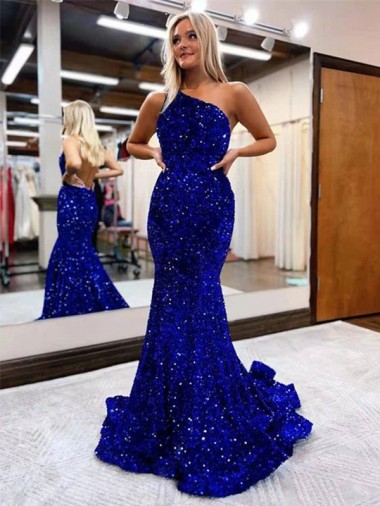 Inexpensive Mermaid One Shoulder Open Back Long Sweep Train Velvet Sequin Prom Dress