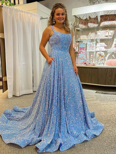Inexpensive A-Line Scoop Sleeveless Long Court Train Velvet Sequin Prom Dress