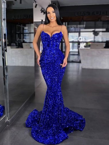 Inexpensive Mermaid Spaghetti Straps Sleeveless Long Sweep Train Velvet Sequin Prom Dress