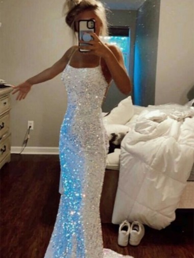 Inexpensive Long Spaghetti Straps Sleeveless Sweep Train Velvet Sequin Prom Dress