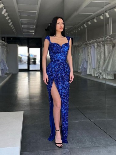Inexpensive Sleeveless Long Sweep Train Velvet Sequin Prom Dress with High Slit and Straps