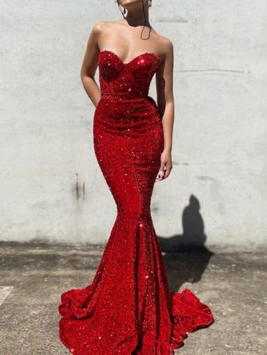 Inexpensive Mermaid Sweetheart Sleeveless Long Court Train Velvet Sequin Prom Dress